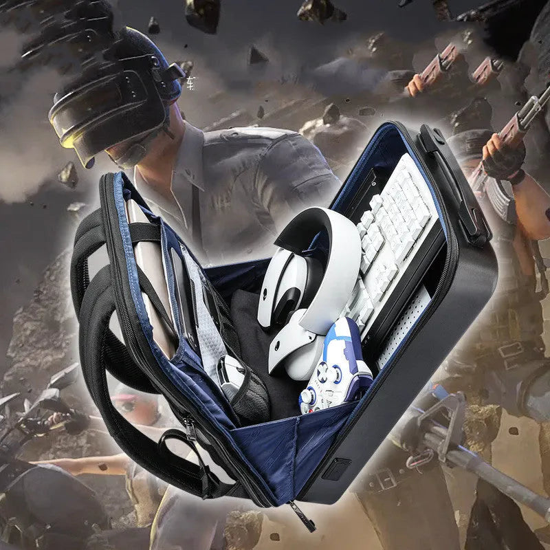 Men's hard-shell lockable gaming backpack in black or silver with frosted finish and multiple internal pockets