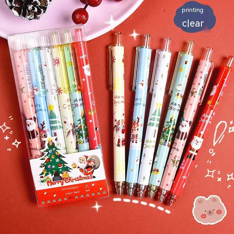 Christmas cartoon design gel pen set with six black ballpoint pens in plastic case