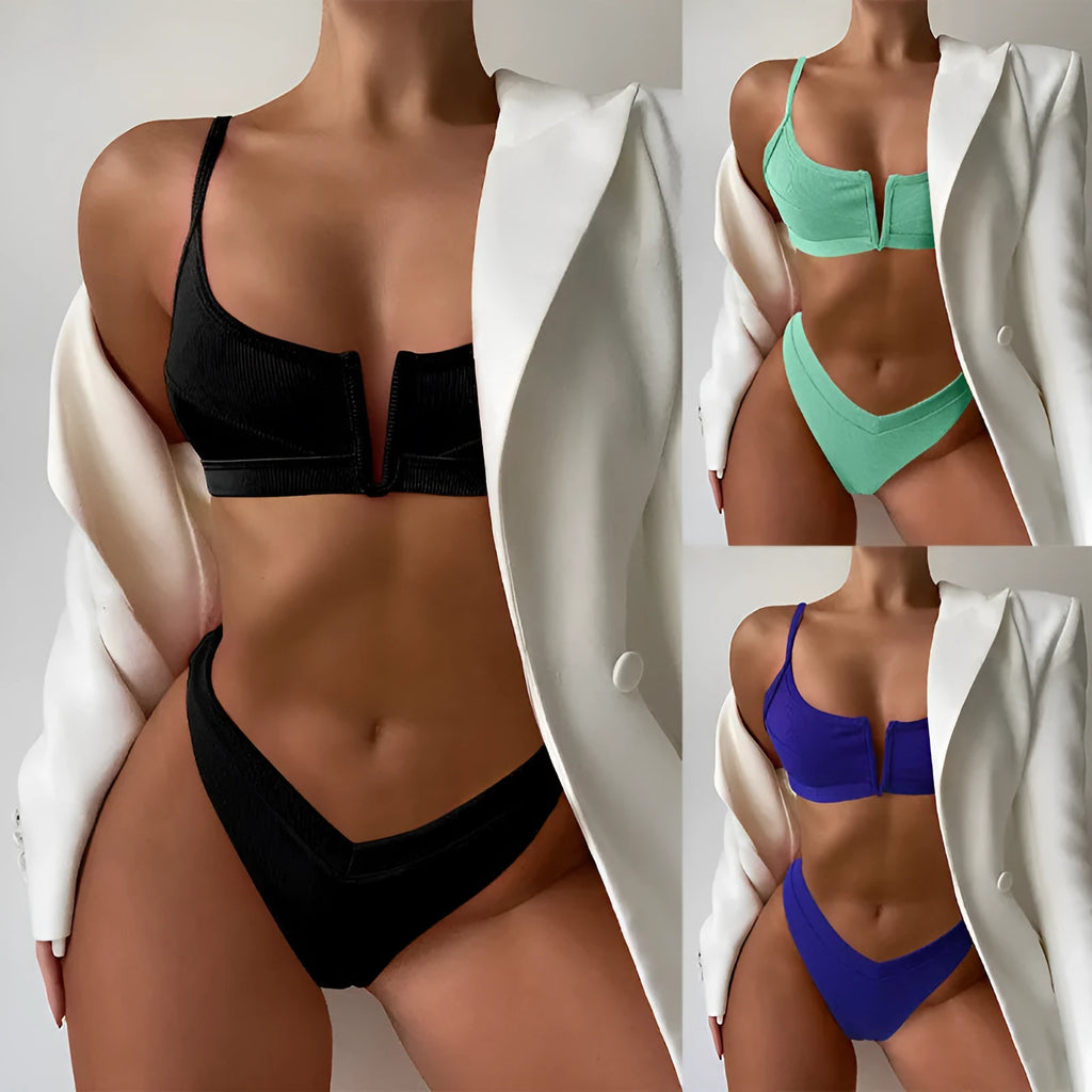 Women's high-waist triangle bikini top and split-leg swim shorts in multiple colours.