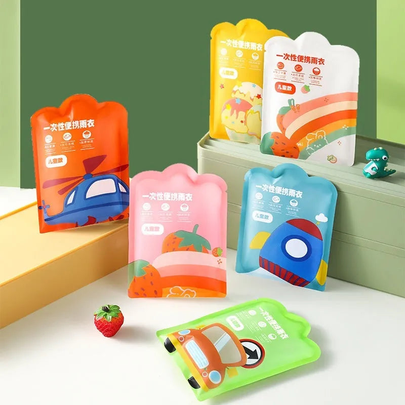 Pack of six disposable children's long rain ponchos in mixed colours, packaged at 13x9cm.