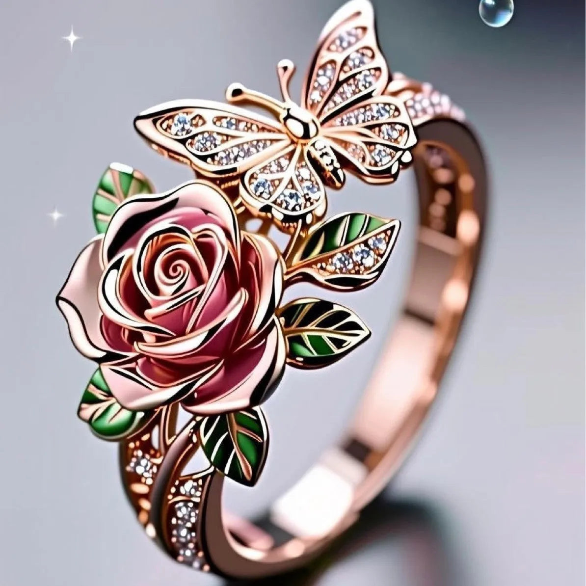 Adjustable fairy-style alloy ring with dripping oil treatment showing butterfly and floral motifs
