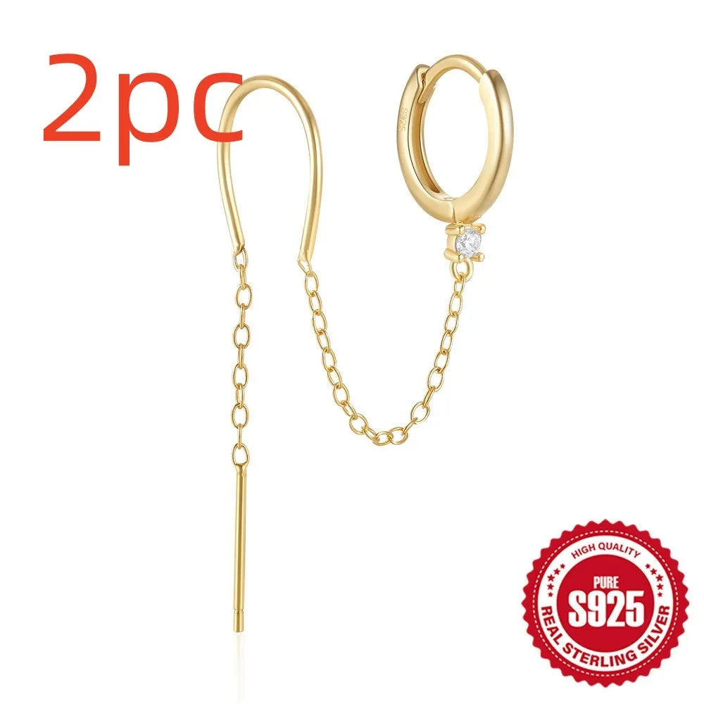 S925 sterling silver earrings with geometric flower tassel design and golden electroplated finish on ear clip mechanism