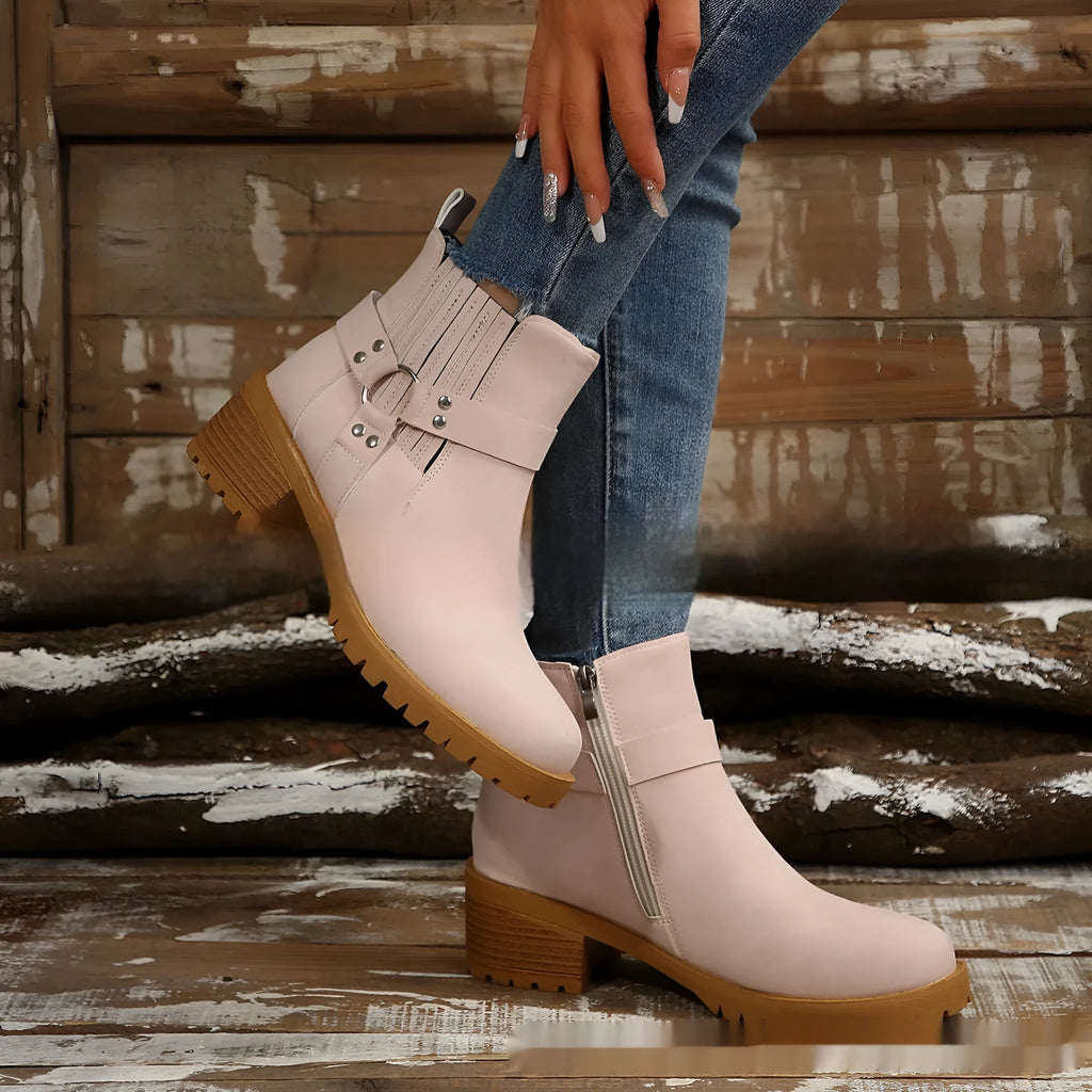 Women's ankle boots with belt buckle and elastic band, artificial PU, sizes 36-43, multiple colours