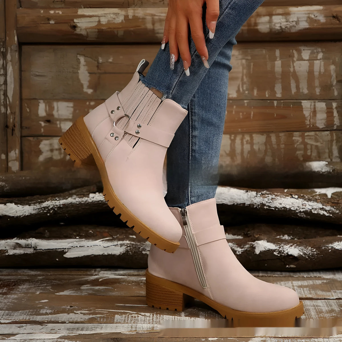 Women's ankle boots with belt buckle and elastic band, artificial PU, sizes 36-43, multiple colours
