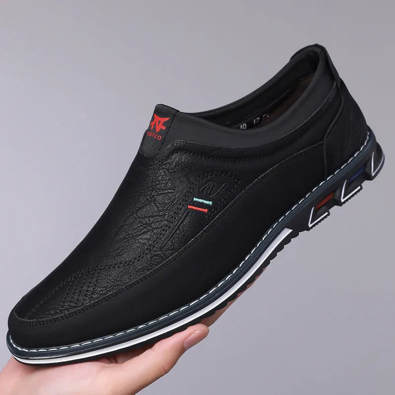 Men's leather shoes with rubber soles in black, grey, khaki and orange colours