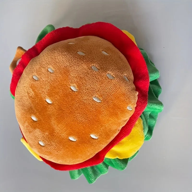 Adjustable cat burger headdress collar with lettuce, cheese, and patty felt layers on soft fabric