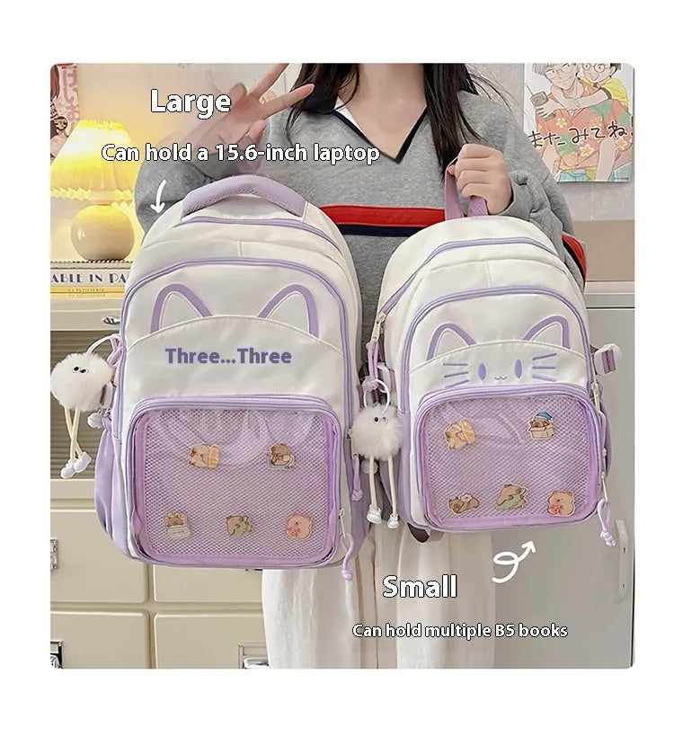Cartoon design nylon backpack with curved shoulder straps shown in pink colour