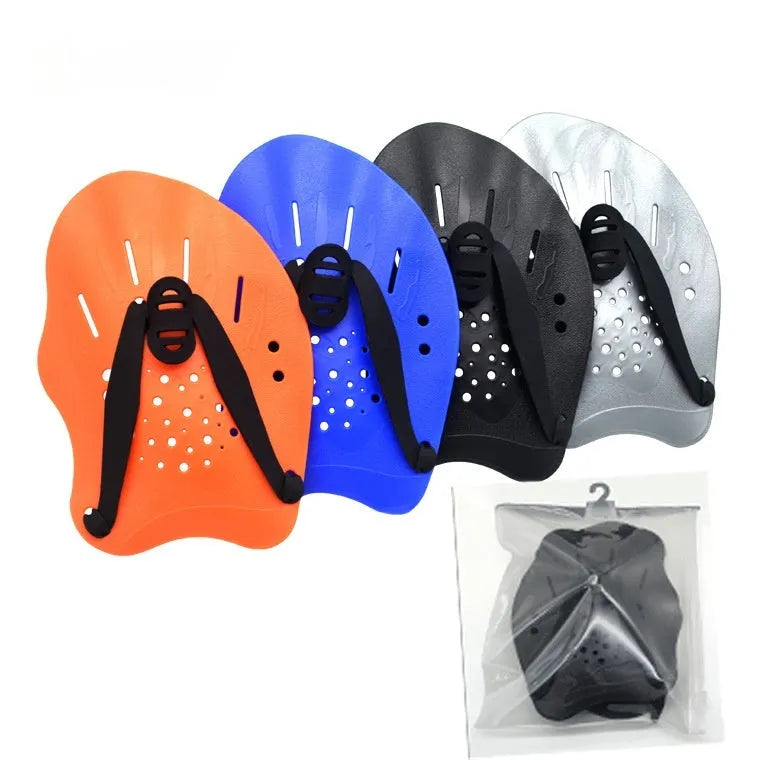 Swimming training paddles in multiple colours with adjustable wrist straps for freestyle stroke technique improvement