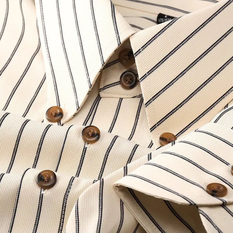 Coffee coloured striped men's long-sleeved shirt with a slim fit and wool lining on a hanger.