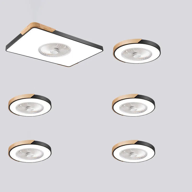 Nordic style ceiling fan with integrated light fixture in a solid wood housing, shown in rectangular, round, and square size options.