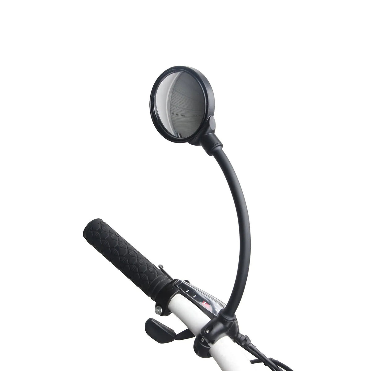 Black metal bicycle rearview mirror with hose adjustment system shown in dual pack configuration