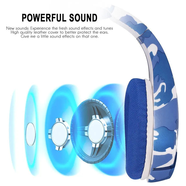 Wired gaming headset with cloth earmuffs and braided cable in camouflage blue or white colour options