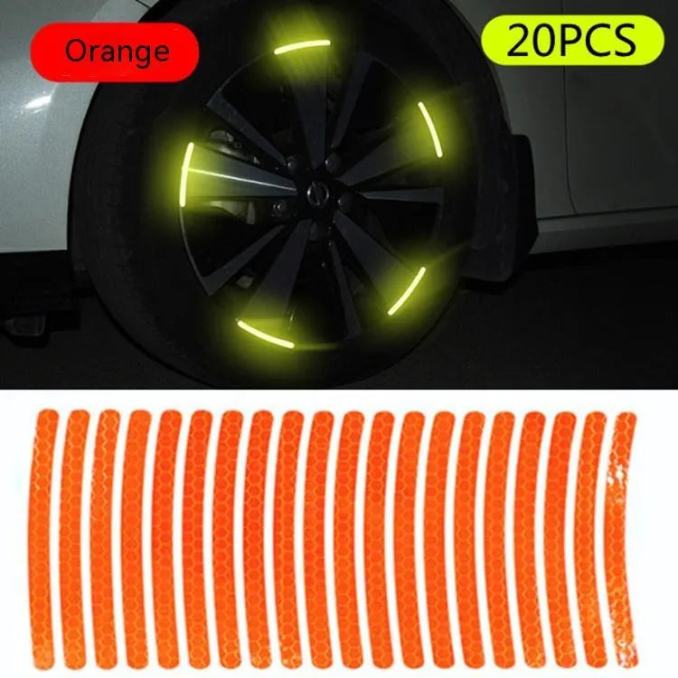 20-piece car wheel reflective stickers in arc shape with 11 colour options including fluorescent and luminous variants on wheel hub