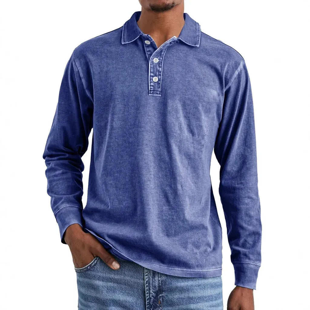 Retro washed distressed cotton lapel long sleeve polo shirt in Army Green colour showing lapel collar detail and long sleeves