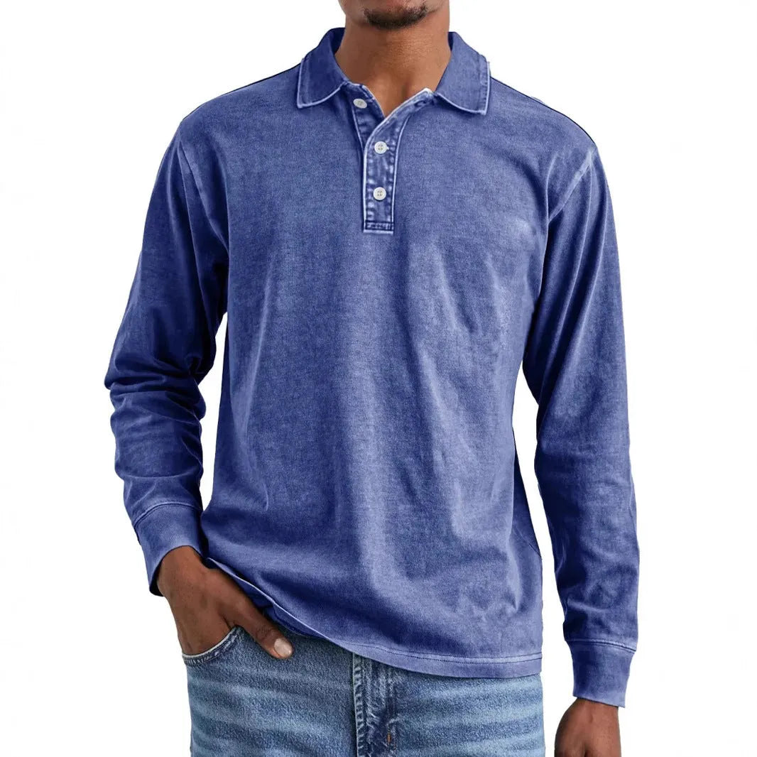 Retro washed distressed cotton lapel long sleeve polo shirt in Army Green colour showing lapel collar detail and long sleeves
