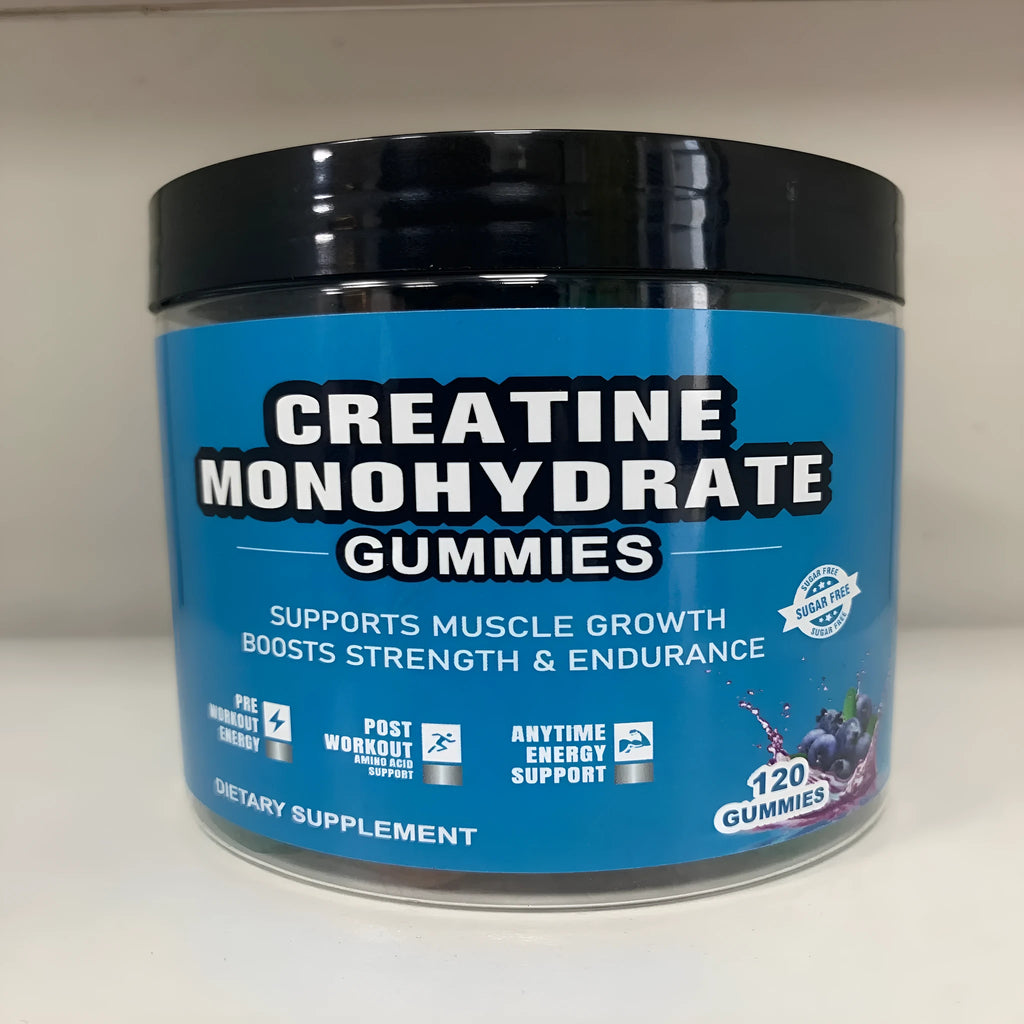 Bottle of raspberry-flavoured creatine monohydrate gummy supplements containing 120 soft candy tablets
