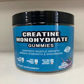 Bottle of raspberry-flavoured creatine monohydrate gummy supplements containing 120 soft candy tablets