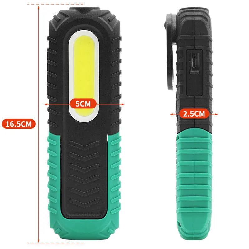 Black and green USB rechargeable auto repair work light with a durable plastic housing.