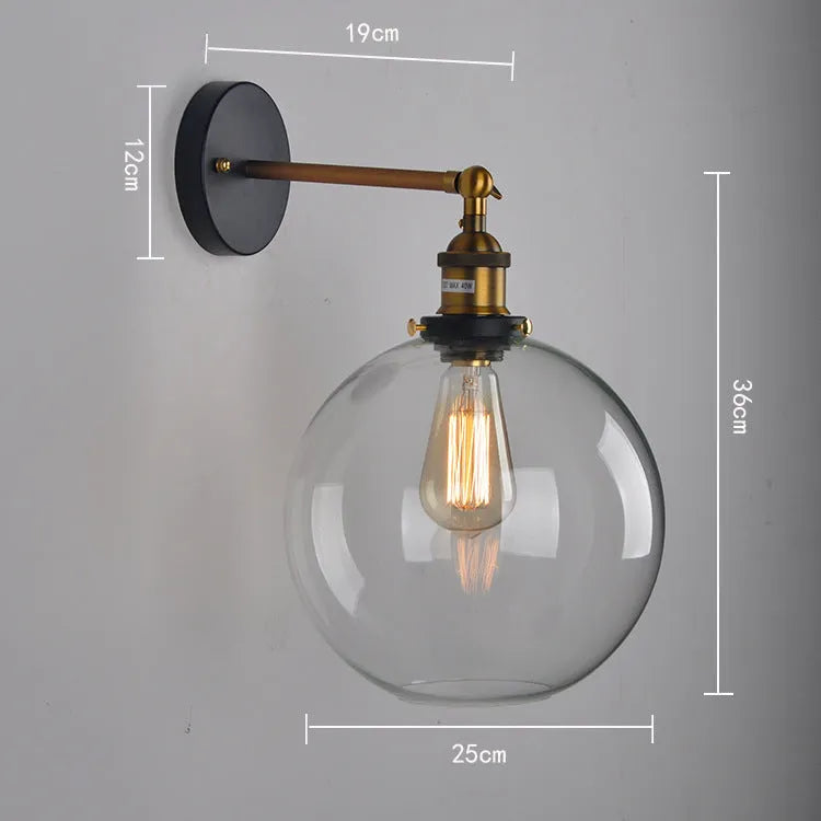 20cm retro round ball glass wall lamp with aluminium E27 holder, 220V, in transparent, amber, or smoky grey