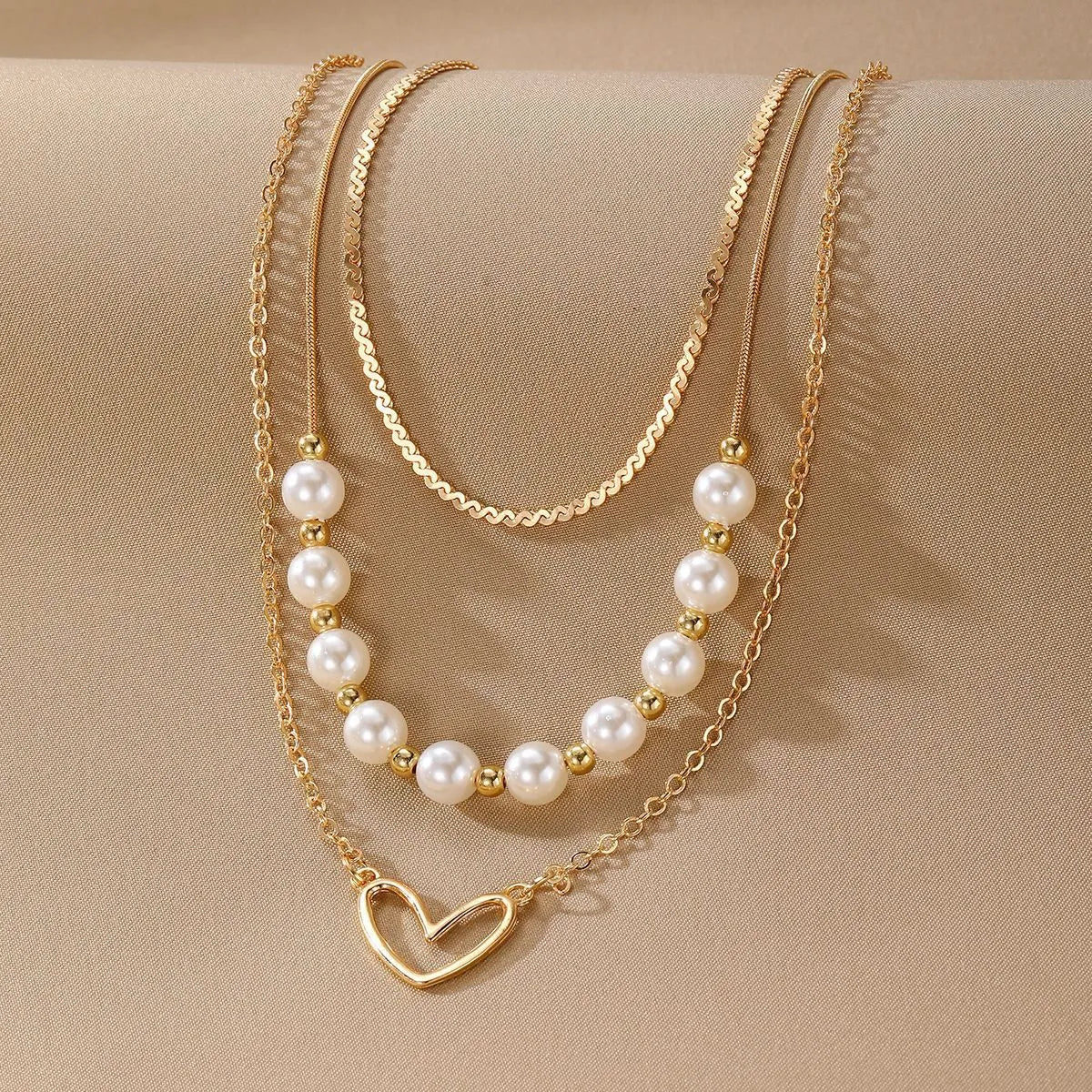 Vintage gold heart necklace on pearl chain with adjustable 41-50cm length
