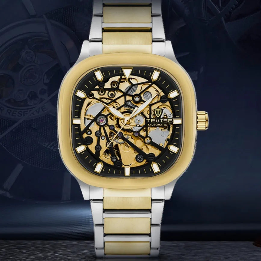 Men's waterproof automatic watch with luminous square hollow dial and stainless steel strap