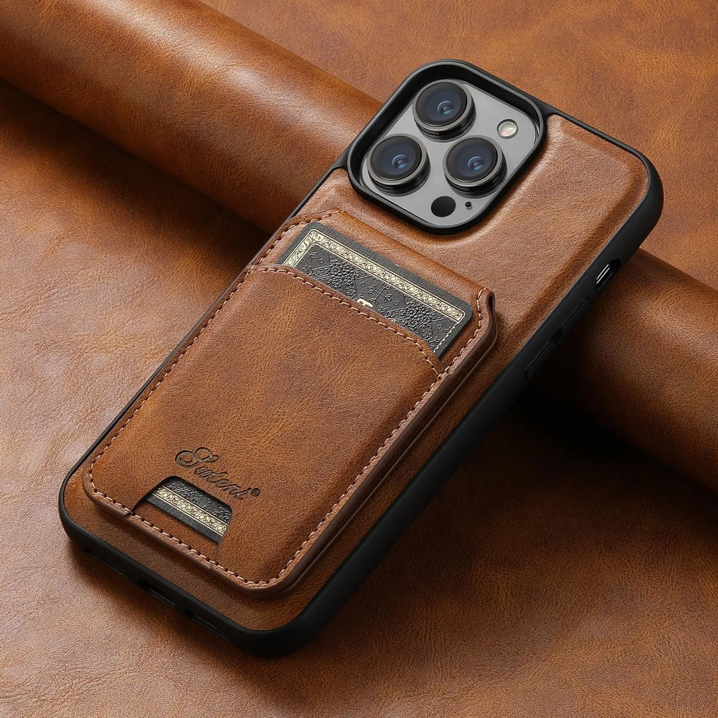 Oil wax silicone MagSafe phone case with integrated card slot for Apple iPhone.