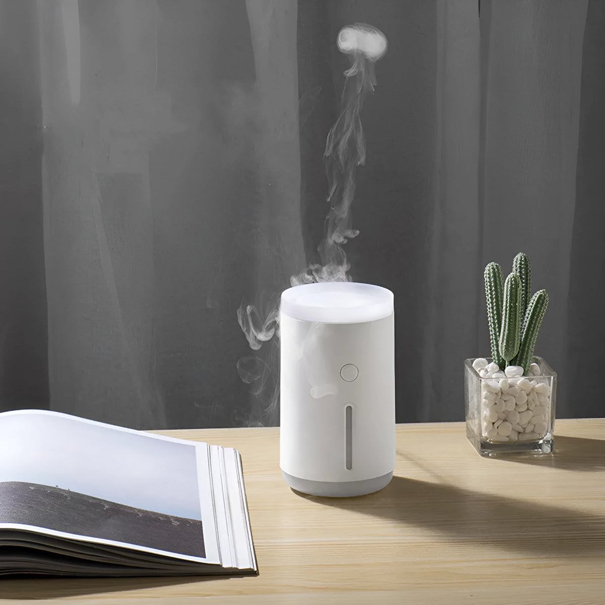 Porcelain white spitting circle humidifier with 360ml tank, USB power, and atmosphere lamp, 142*86*86mm