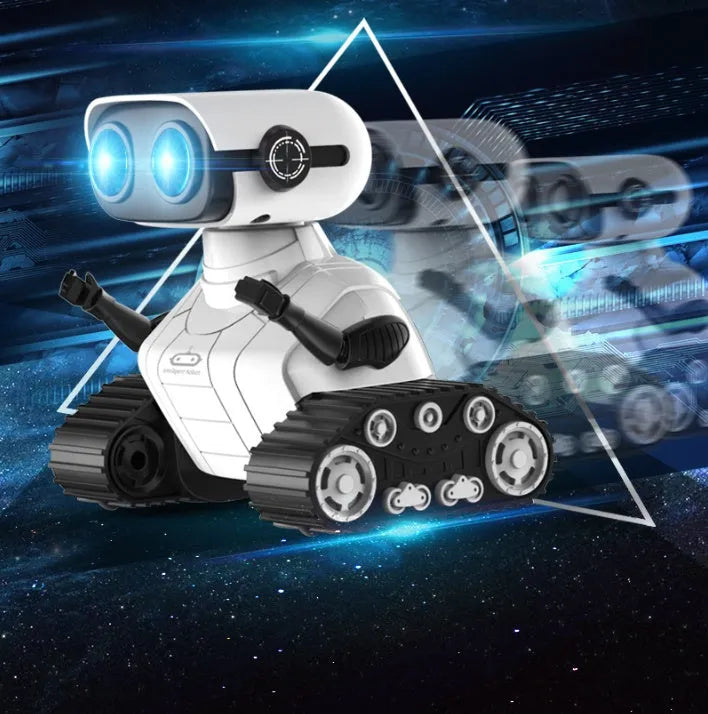 White plastic USB rechargeable remote control robot toy for children with handle remote, sound and light dancing, ages 7-14.
