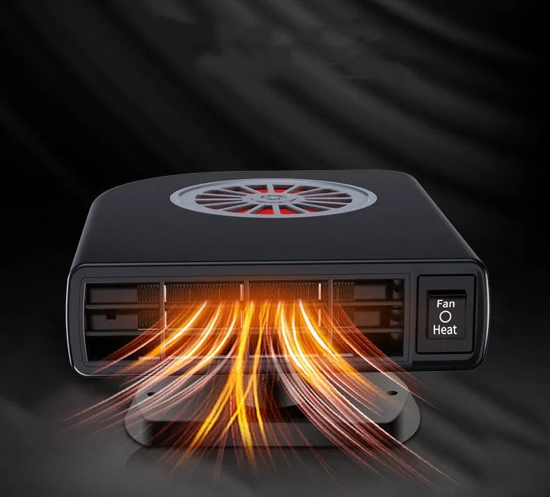 Black vehicle-mounted heater measuring 11x6.5x14cm with 360-degree rotation mount for windscreen defrosting
