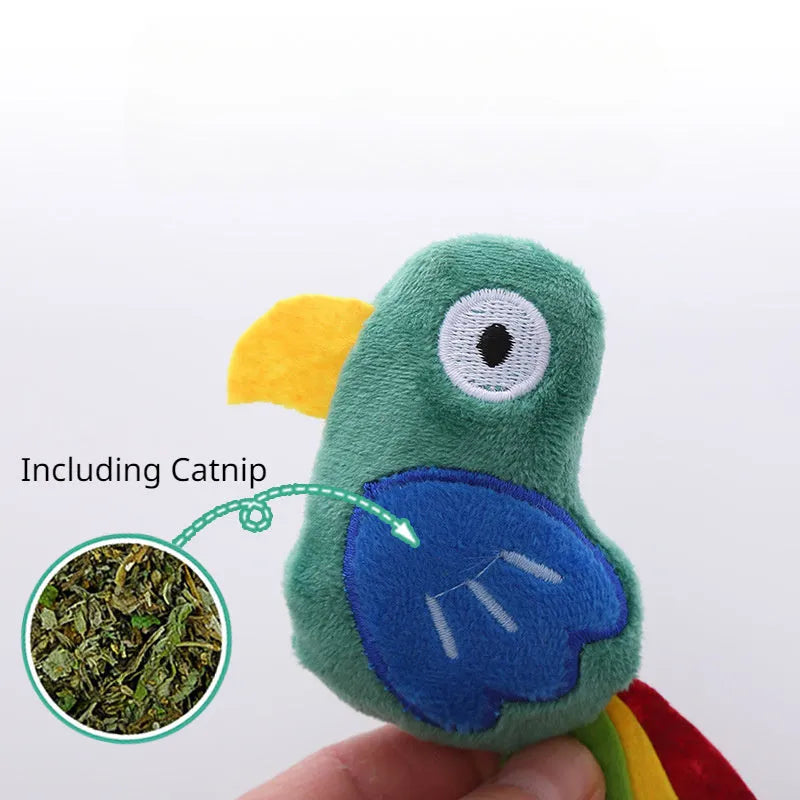 Plush parrot-shaped cat toy with catnip for bite-resistant interactive play.