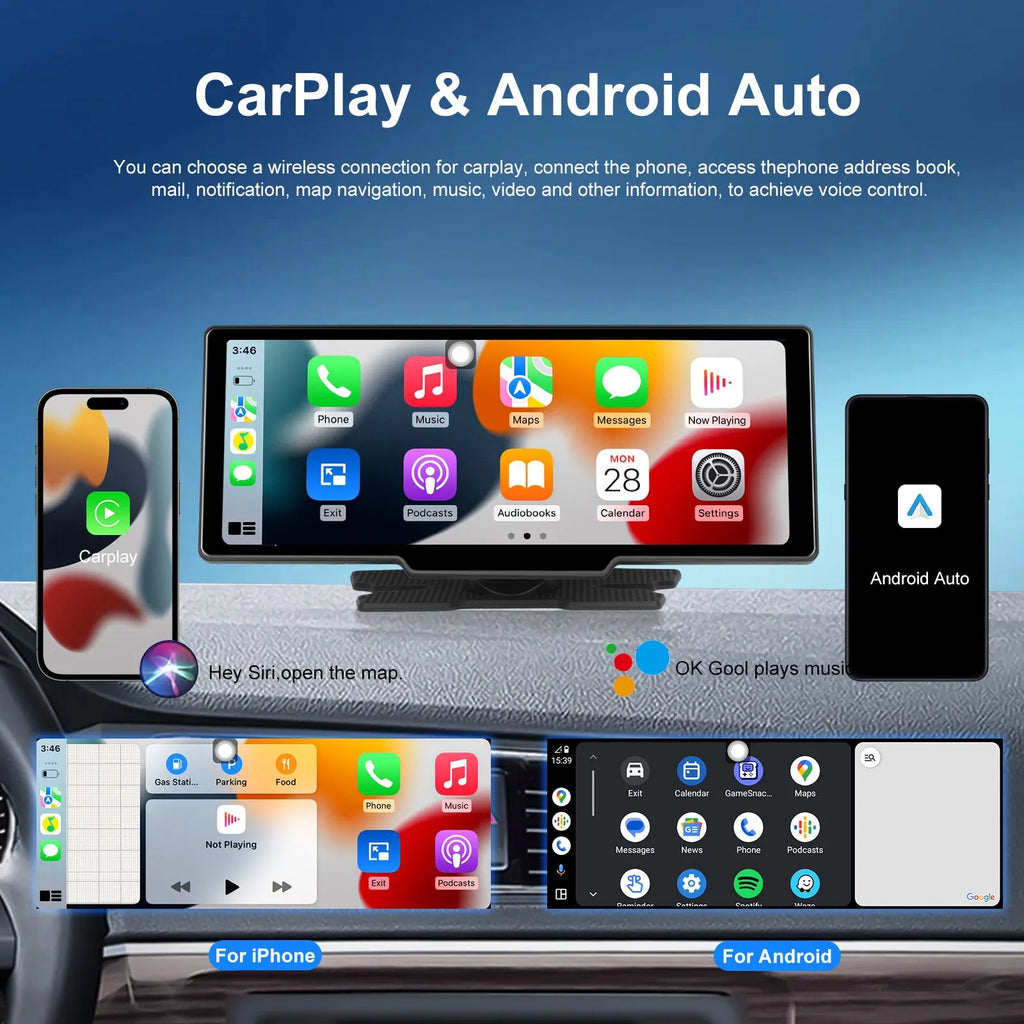 10.26-inch car DVR display unit with three-way camera system showing rear view footage on screen