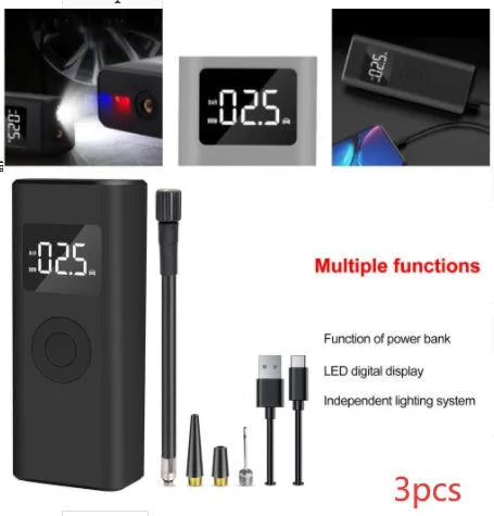 Black portable electric air pump 2500mAh wireless tyre inflator with auto stop, emergency light and TYPE-C charging, 155x64x40mm