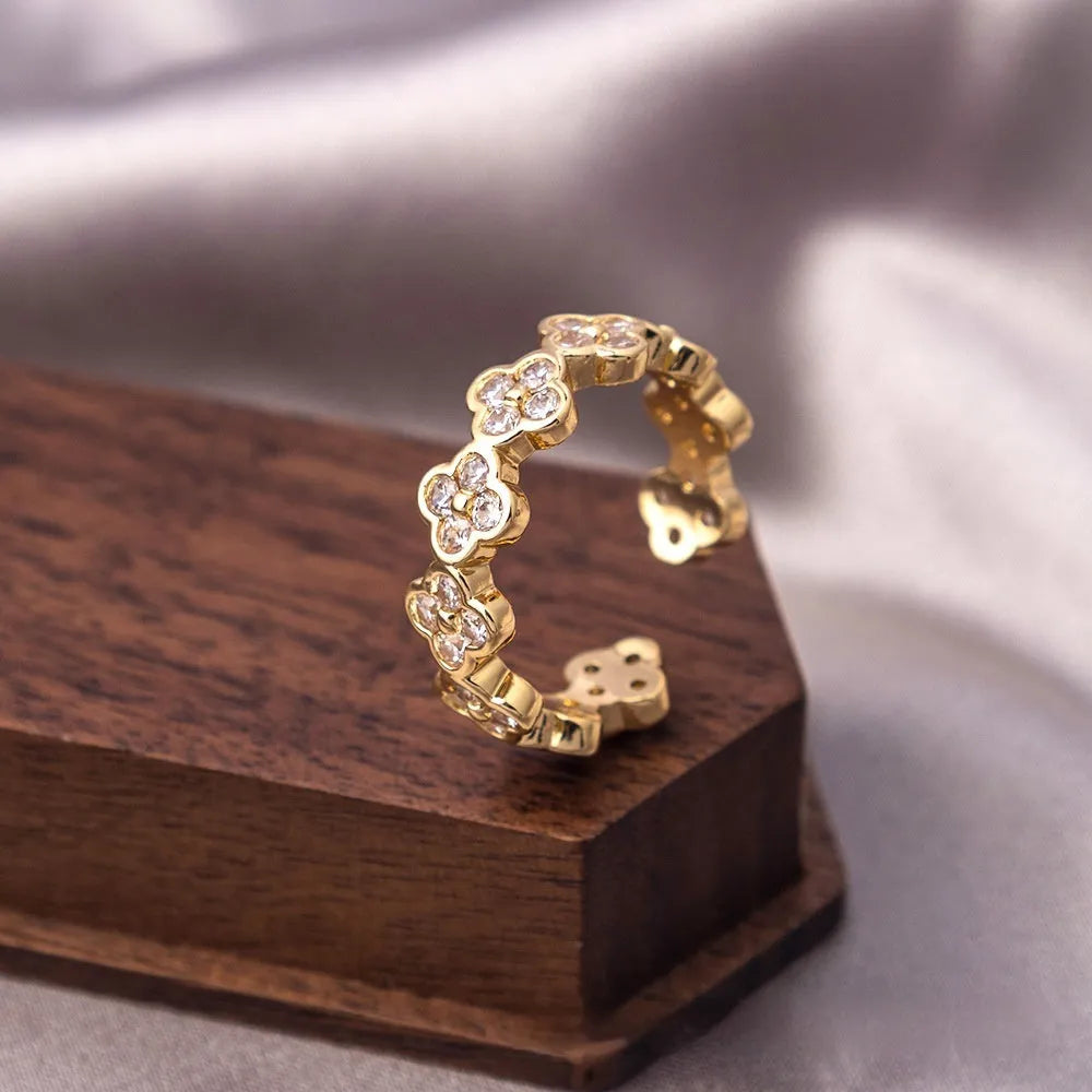 Adjustable open ring in gold or silver electroplated copper with zircon ornament and retro heavy industry U-shaped band