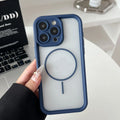 Magnetic skin-feel phone case for iPhone in black, blue, grey, khaki, or pink with TPU PC shockproof cover