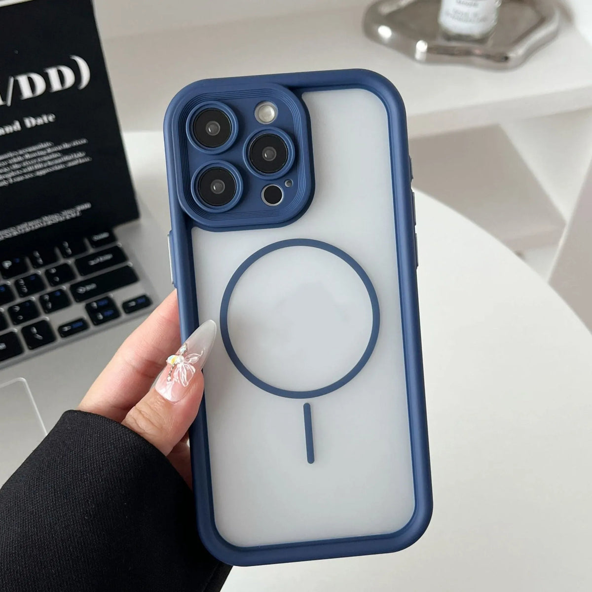 Magnetic skin-feel phone case for iPhone in black, blue, grey, khaki, or pink with TPU PC shockproof cover