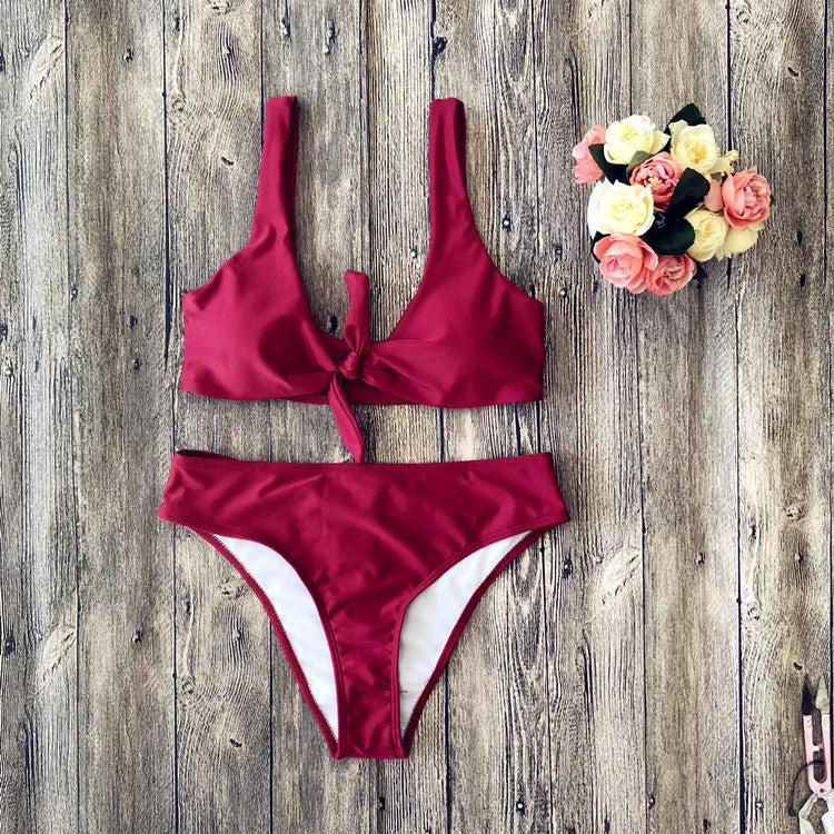 European and American bikini set in pure colours, showing tight fit and sleeveless design with bra and panties