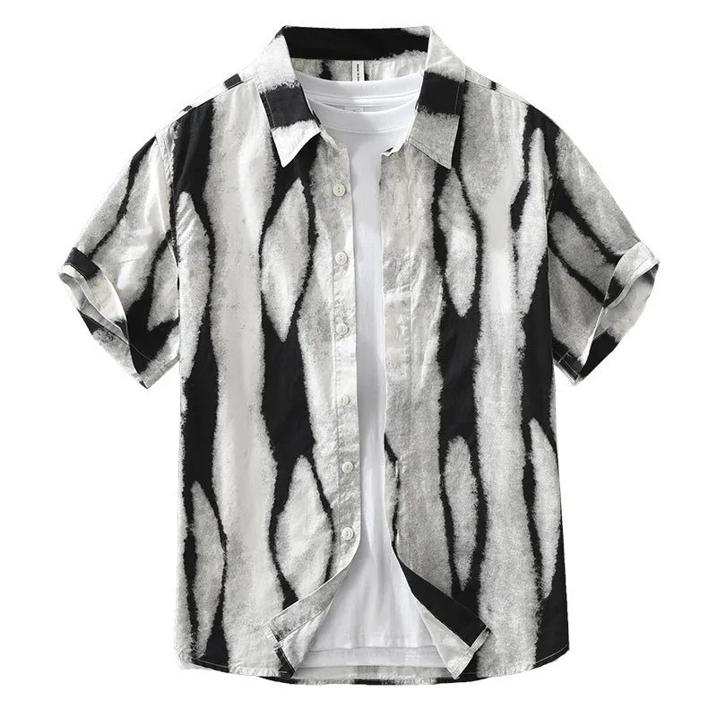 Retro striped short sleeve shirt in pure cotton, black and brown stripes, loose cardigan style, non-ironing feature