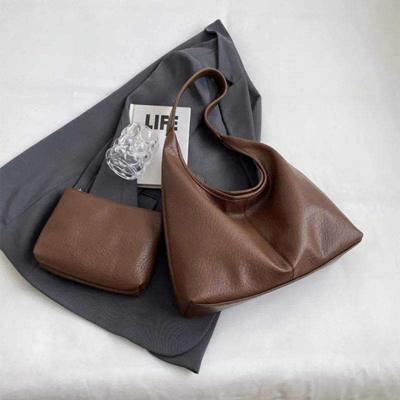 2Pcs women's soft PU shoulder bag set with small wallet in beige, horizontal square shape, daily matching handbag