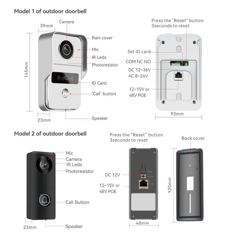 Video Intercom Doorbell 1v2 system showing 10-inch display unit and outdoor camera with installation components
