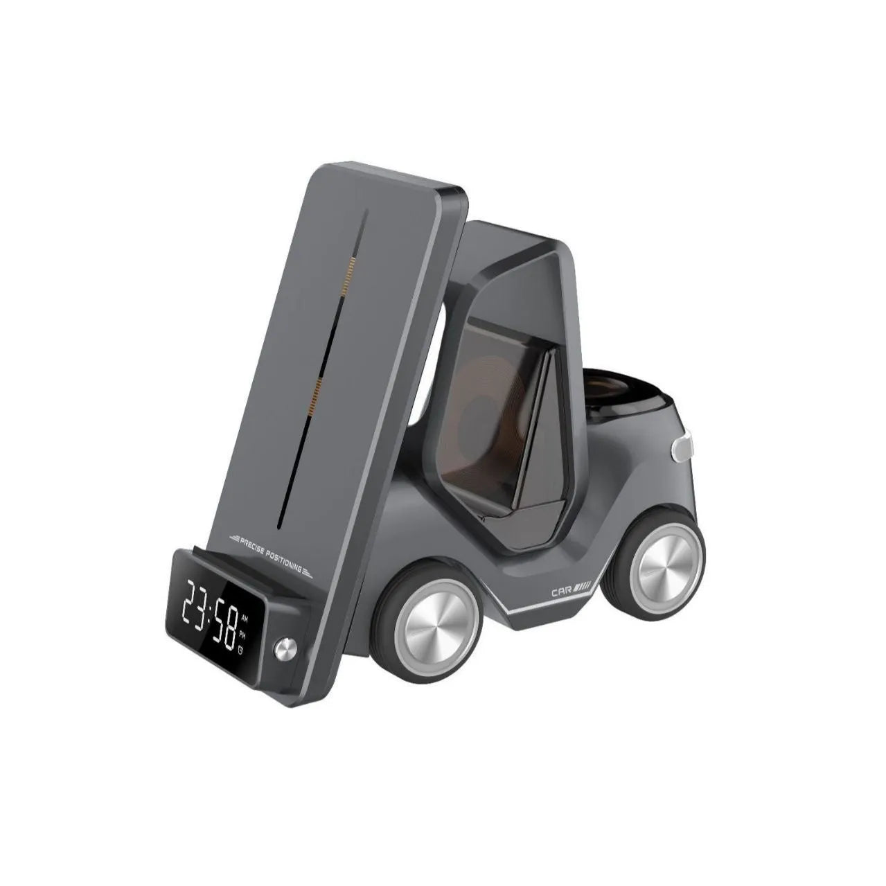 15W three-device wireless charging bracket in grey, white, yellow, or orange colours, showing compact 150x146x75mm dimensions