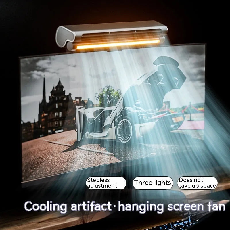 Black bladeless fan with lighting lamp attached to laptop screen showing USB connection and screen clamping mechanism