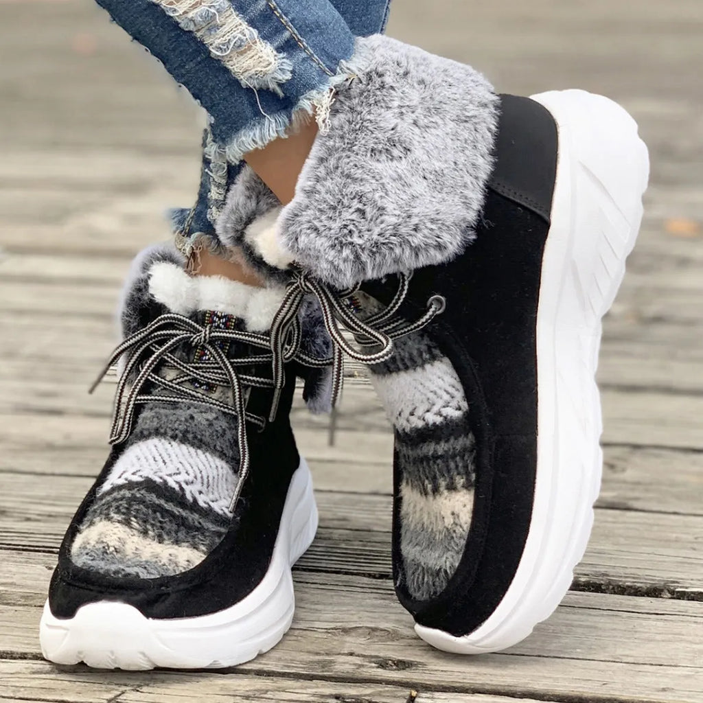 Women's lace-up snow boots in beige with suede upper, platform sole, and thermal plush lining for winter wear