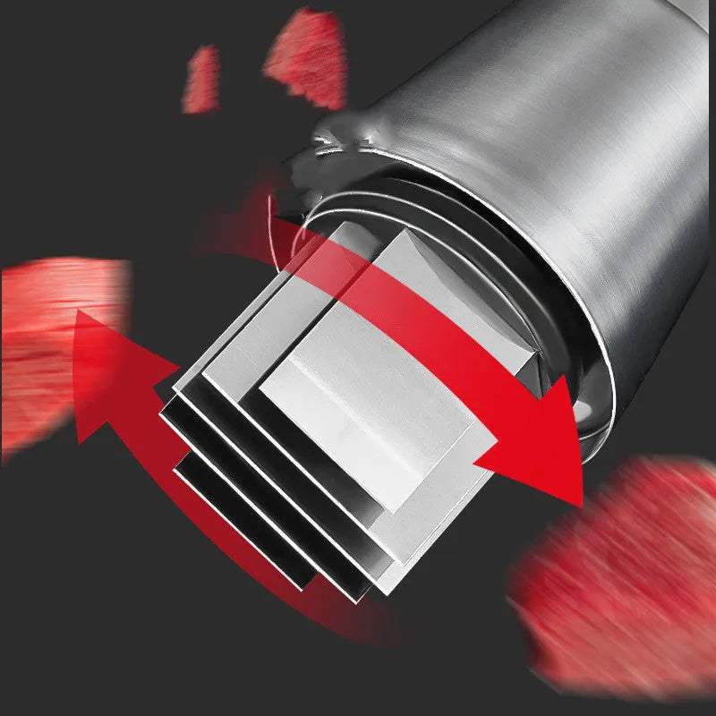 Manual garlic crusher and onion chopper with stainless steel blades on food-grade plastic base