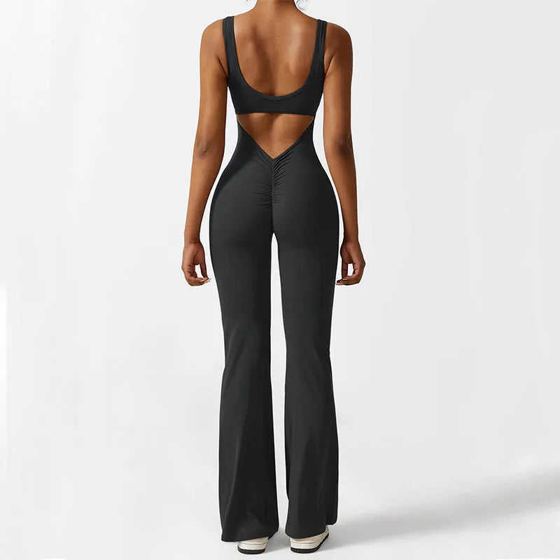 Women's sleeveless flare jumpsuit in high elasticity polyester for yoga, available in multiple colours and sizes.
