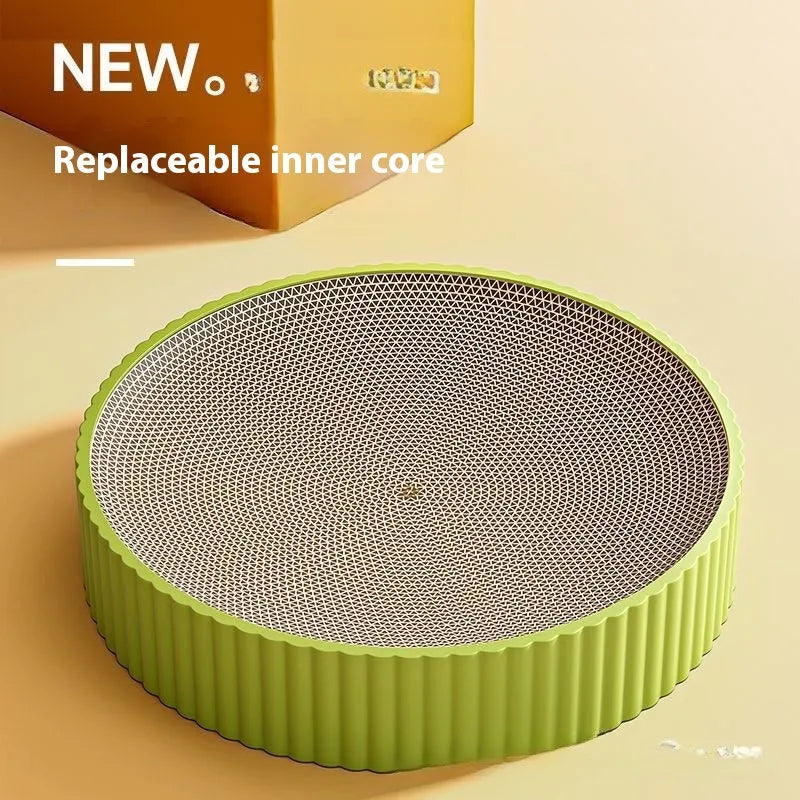 55cm round green cat scratching board with replaceable corrugated paper centre and two replacement packs