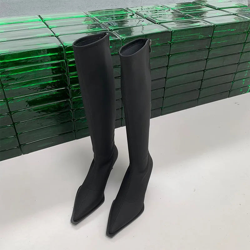 Women's black below the knee boots with pointed toe, 5cm stiletto heel, and back zipper on a solid background.