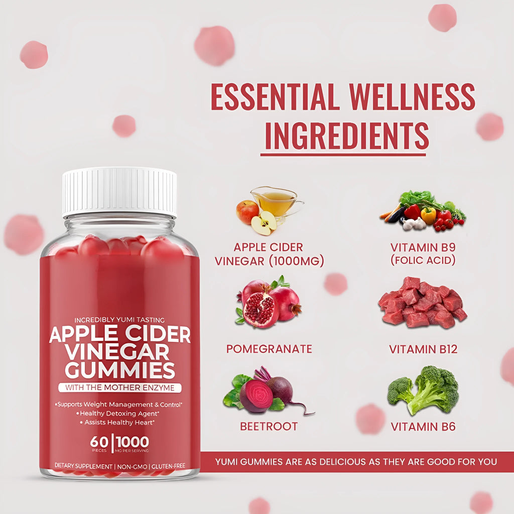 Bottle of 60 apple cider vinegar supplement gummies for adults.
