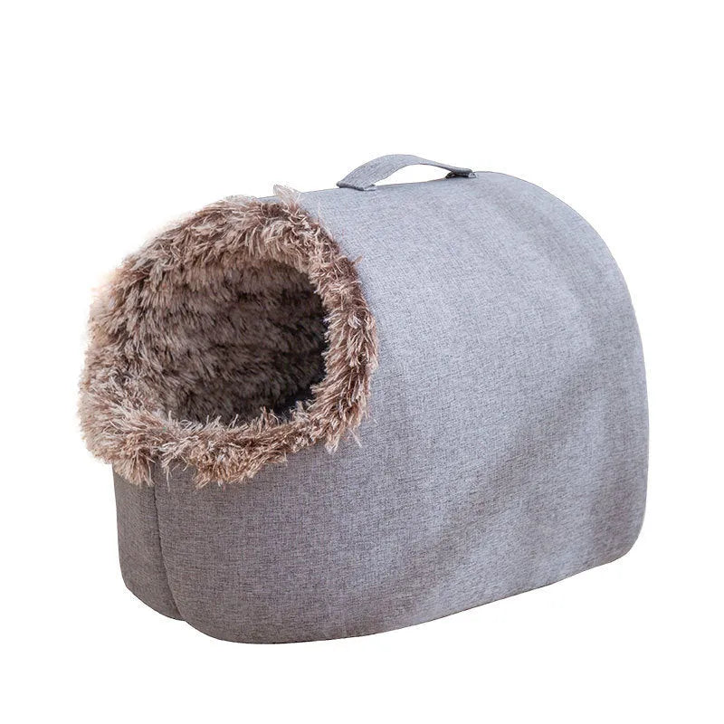 Grey fleece-lined closed cat nest sleeping bag showing enclosed design and soft cloth exterior