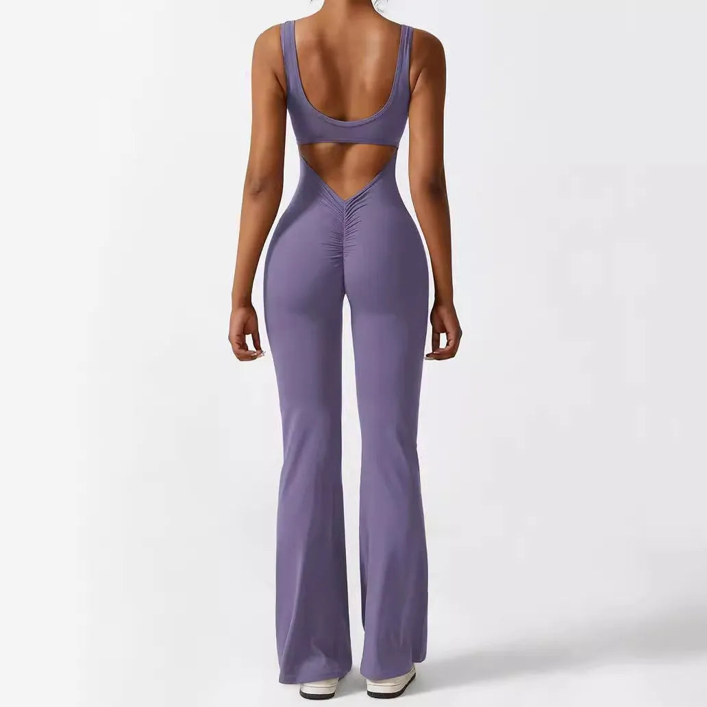 Women's sleeveless flare jumpsuit in high elasticity polyester for yoga, available in multiple colours and sizes.