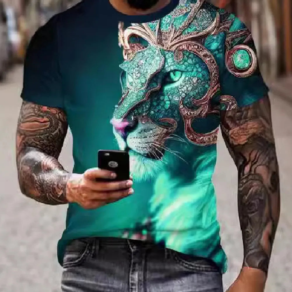 Men's 3D lion print t-shirt in various colours, showing bold graphic and polyester fabric